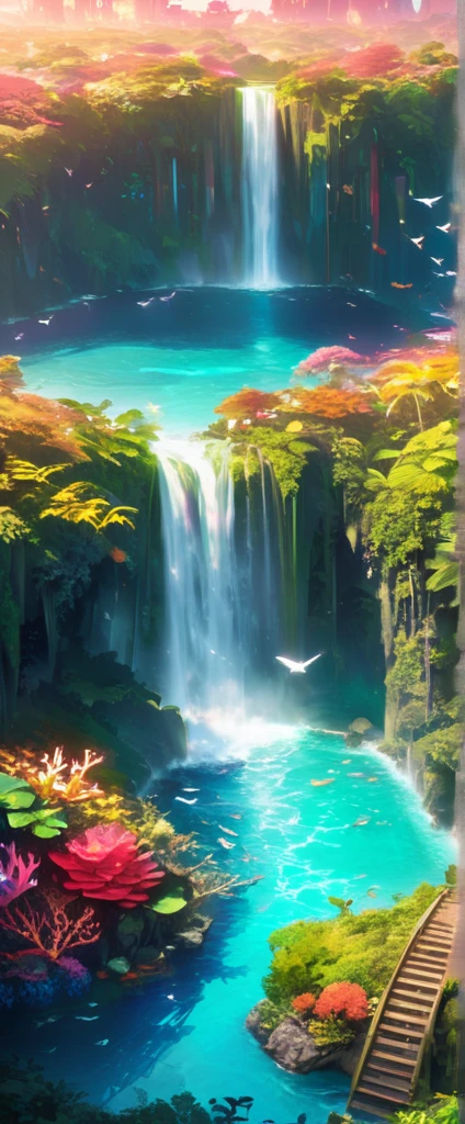quality\(8k,wallpaper of extremely detailed CG unit, masterpiece,hight resolution,top-quality,top-quality real texture skin,hyper realisitic,increase the resolution,RAW photos,best qualtiy,highly detailed,the wallpaper,cinematic lighting,ray trace,golden ratio\), BREAK ,island\((full Panoramic view of island:1.5),mysterious,beautiful birds , beautiful butterflies,beautiful flowers,beautiful animals, beautiful sunlight shines through the trees, ruins\(mysterious, beautiful, cosmic, futuristic\),(surrounded by waterfalls:1.8)\), (sorrounded by sea\(tremendously clean,crystal clear, fish can be seen, coral reefs are visible,beautiful\):1.4),(open sky:1.2),(aerial view:1.7),(from above:1.5),(bird’s-eye view:1.5),(panorama:1.6),golden hour,colorful