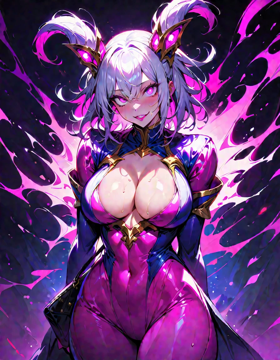 1 mature woman,(Highest quality,Extremely detailed depiction,Incredibly absurd high resolution,Anatomically accurate depiction,Perfect body,Two curvaceous legs),(female sentai heroine),(White and pink bodysuit),eyelash,eye shadow,eyeliner,mascara,(Flashy makeup,Intensely glowing purple eyes,(Crazy Eyes),Glossy Lips,Purse your lips,blush,Evil smile,There is cleavage in the chest,whole body),Sweat,Seductive gestures,background:In the dark base
