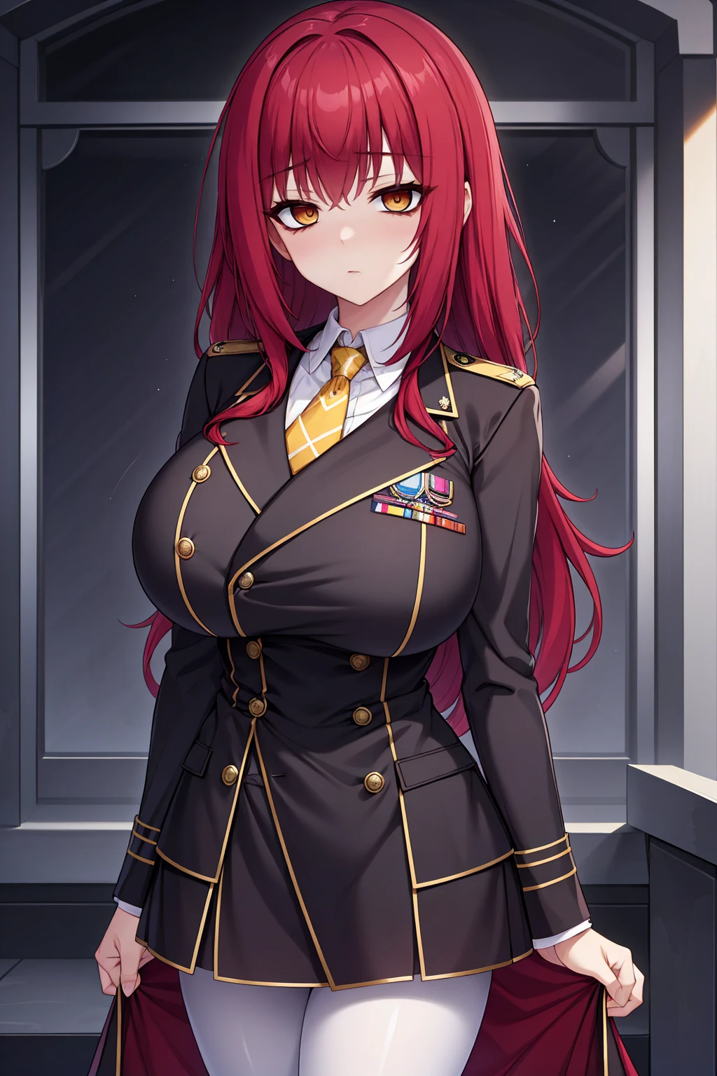 braided hair、braided hair,red-eyes,black-hair,bainded-hair,Braided Hair、long-hair,yellow-eyes,big-breast army-suit, white-armysuit-suit,black-pantyhose,mini-skirt,23 years old,older sister、Ultra-high resolution、Ultra HD,Braided Hair、red-tie,standing,milf,wife,,dark-makeup,、huge-breast,red-hair,red-hair,uniform、uniform、red-hair,military,yellow-eyes