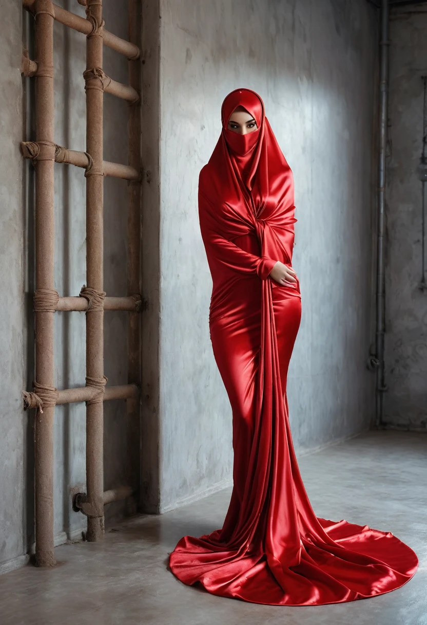 a sexy a woman covered in large red satin cloth, tied tight with the satin cloth, mummified, the satin hanging down very long, a mermaid style gown, wearing a satin hijab, the satin gowb is very long, forming the curve of the body, flowy satin about 4 meter,full body,masterpice, 4k resolution, ultra-realistic, highly detail.