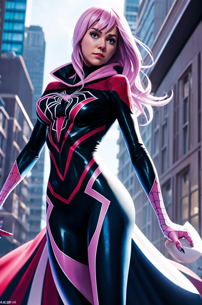 A Spider-Gwen at a street protest. He is surrounded by other protesters and police. The setting is urban and chaotic. The image is digital art, highly detailed, with shadow and light work. Vivid colors, pink lighting background 