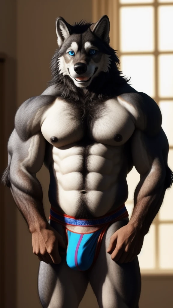 y hairy wolf alone serious smile wearing a sexyckstrap underwear and no shirt looking at the camera and showing an arm and sexy bleyes muscular man and a gay pose delicious black adult 28 years old adduct sex HDR 32