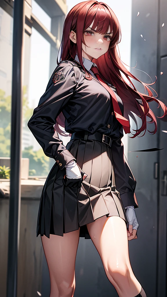 {{masterpiece}}, {{{Highest quality}}},{{Very detailed}}, {{figure}},{{tall}},{{Adult female}},,{{Fighting stance}},{From Side},{{Long sleeve mini skirt uniform}},{{}},}}{}},{fighting stance}},{},{}, ,{{}},{{Eyelet foot}},,{{blushing with anger}},{{v-shaped eyebrows}},,{{}},{{}},,Slender body}}{{Avoidance}}{{Female police officer}},,,,suspenders ,Long sleeve mini skirt uniform, White High Socks,Black fingerless gloves, Long Red Hair, Red tie,Straight hair ,Blunt bangs,Thigh holster,.amountn loafer,,blush,Wrinkles ,amount,Grit your teeth,suffering,v-shaped eyebrows.,Sweat dripping,Medium chest ,get annoyed,,Slums,,Twisting,abandoned building