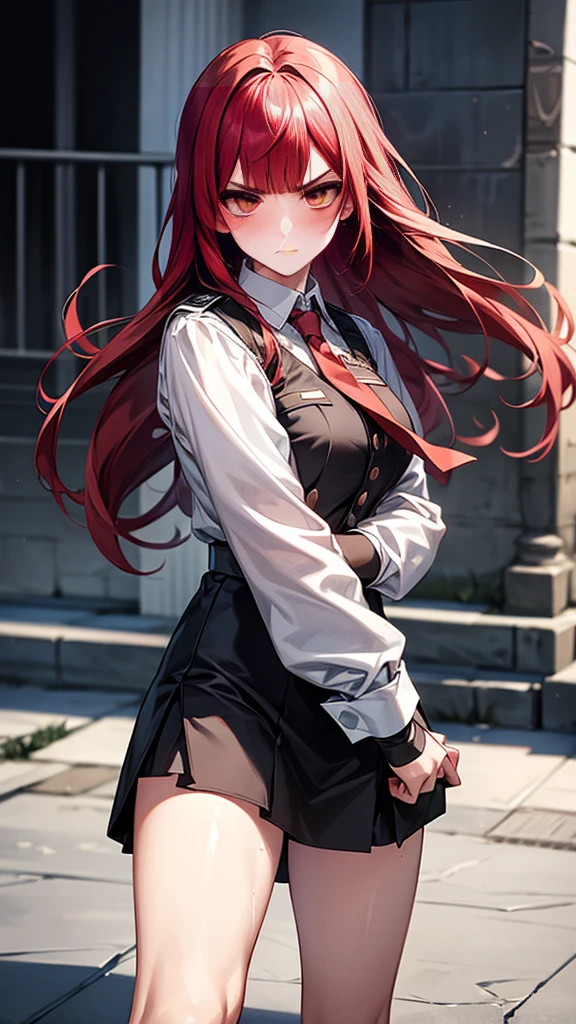 {{masterpiece}}, {{{Highest quality}}},{{Very detailed}}, {{figure}},{{tall}},{{Adult female}},,{{Fighting stance}},{From Side},{{Long sleeve mini skirt uniform}},{{}},}}{}},{fighting stance}},{},{}, ,{{}},{{Eyelet foot}},,{{blushing with anger}},{{v-shaped eyebrows}},,{{}},{{}},,Slender body}}{{Avoidance}}{{Female police officer}},,,,suspenders ,Long sleeve mini skirt uniform, White High Socks,Black fingerless gloves, Long Red Hair, Red tie,Straight hair ,Blunt bangs,Thigh holster,.amountn loafer,,blush,Wrinkles ,amount,Grit your teeth,suffering,v-shaped eyebrows.,Sweat dripping,Medium chest ,get annoyed,,Slums,,Twisting,abandoned building