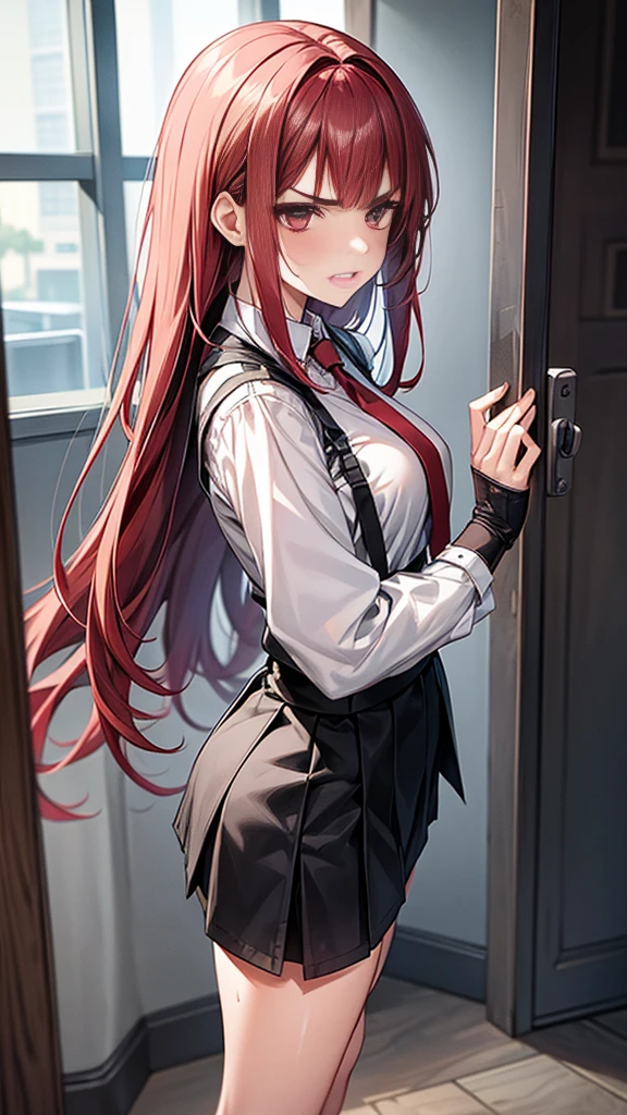 {{masterpiece}}, {{{Highest quality}}},{{Very detailed}}, {{figure}},{{tall}},{{Adult female}},,{{Fighting stance}},{from side},{{Long sleeve mini skirt uniform}},{}},}}{}},{fighting stance}},{},{}, ,{{}},{{Eyelet foot}},,{{blushing with anger}},{{}},,{{}},{{}},,Slender body}}{{}}{{Female police officer}},,,,suspenders ,Long sleeve mini skirt uniform, White High Socks,Black fingerless gloves, Long Red Hair, Red tie,Straight hair ,Blunt bangs,Thigh holster,.amountn loafer,,blush,Wrinkles ,amount,Grit your teeth,suffering,v-shaped eyebrows.,Sweat dripping,Medium chest ,get annoyed,,Slums,,Twisting,