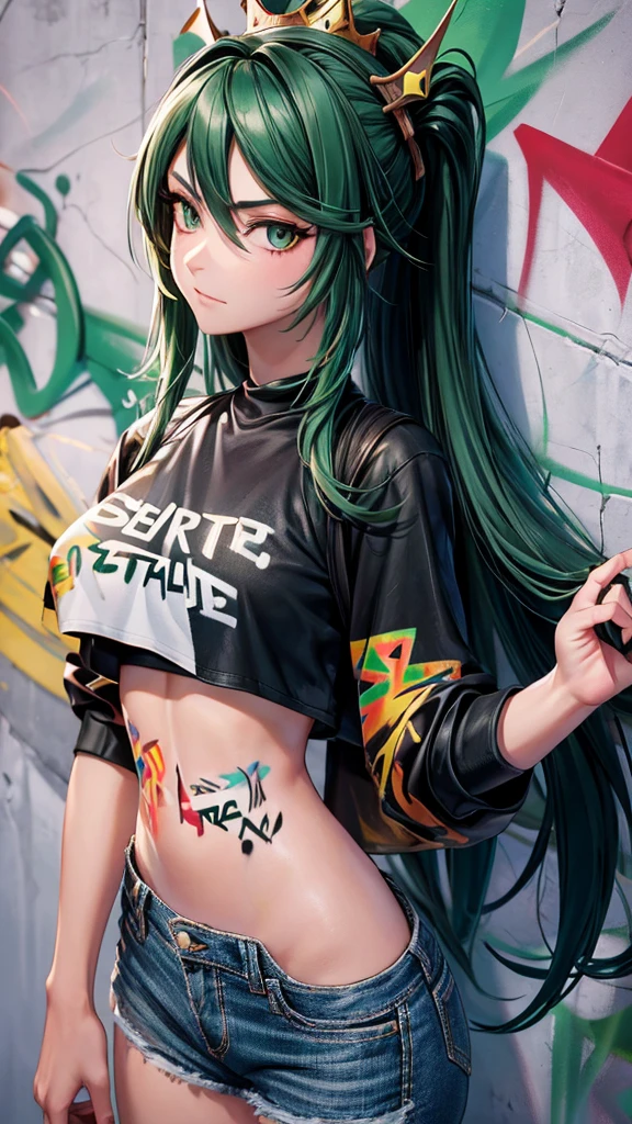 (cowboy shot), (Best Quality, ultra high resolution, depth of field:1.2), adult, 1 woman, toned body, medium breasts, Wide hips, Alone, black hair with two green strands , striped hair, Long hair, hits, black and green crop top,with a crown,and white wings on the back, denim shorts, (Graffiti:1.4), paint stained clothes, Curved, against the wall, looking at the viewer, upturned eyes, nod, bored, hands relaxed at sides.anime style