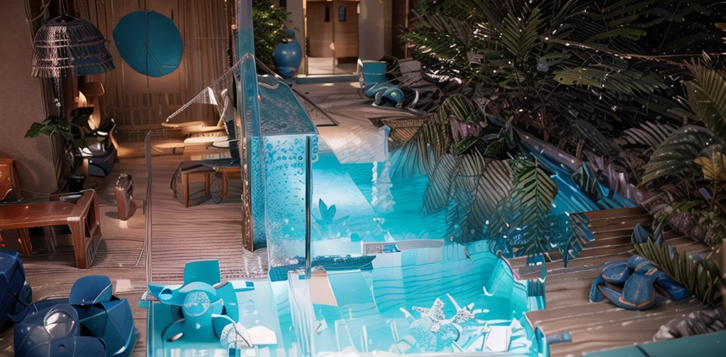 There is a small pool in the middle of a backyard, detailed rendering ...