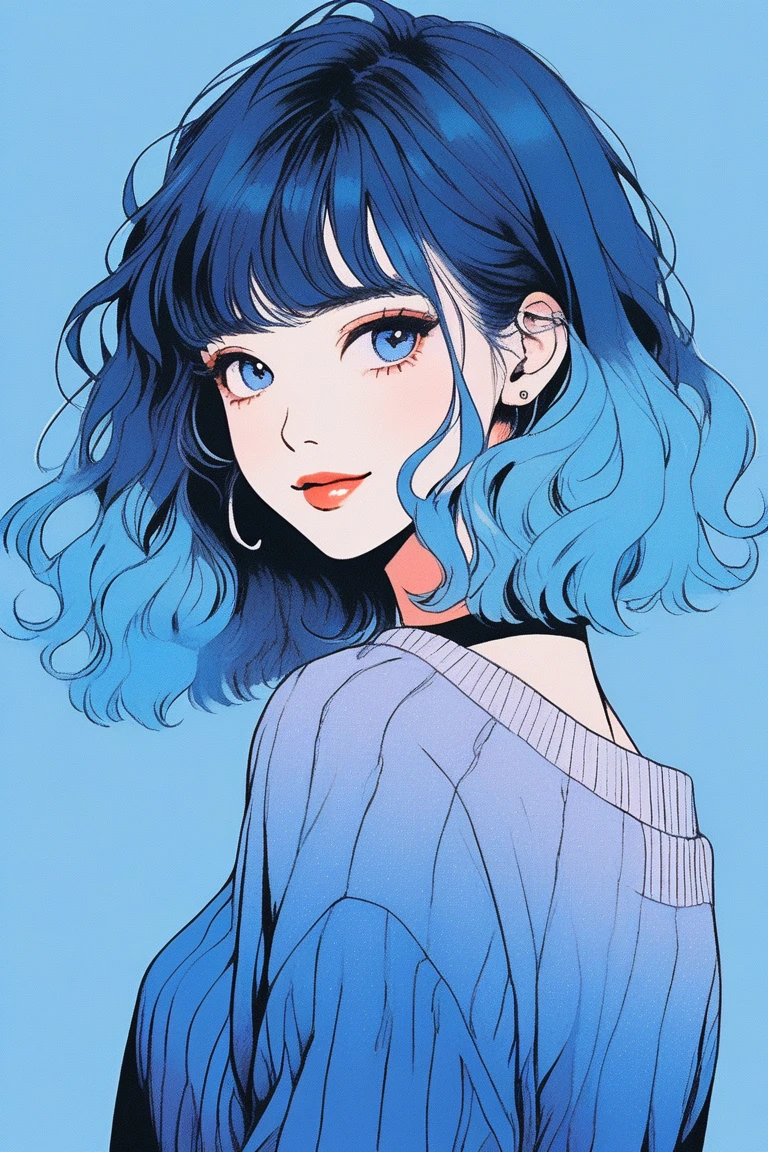 (best quality, sketch:1.2),realistic,illustrator,anime,1 girl, detailed lips, sweater, custom, blue gradient background, neon hair, Blue hair, medium wavy hair, blunt bangs, friendly, cute smile, kind smile, textured cropping, masterpiece, style retro classic, noir dark 