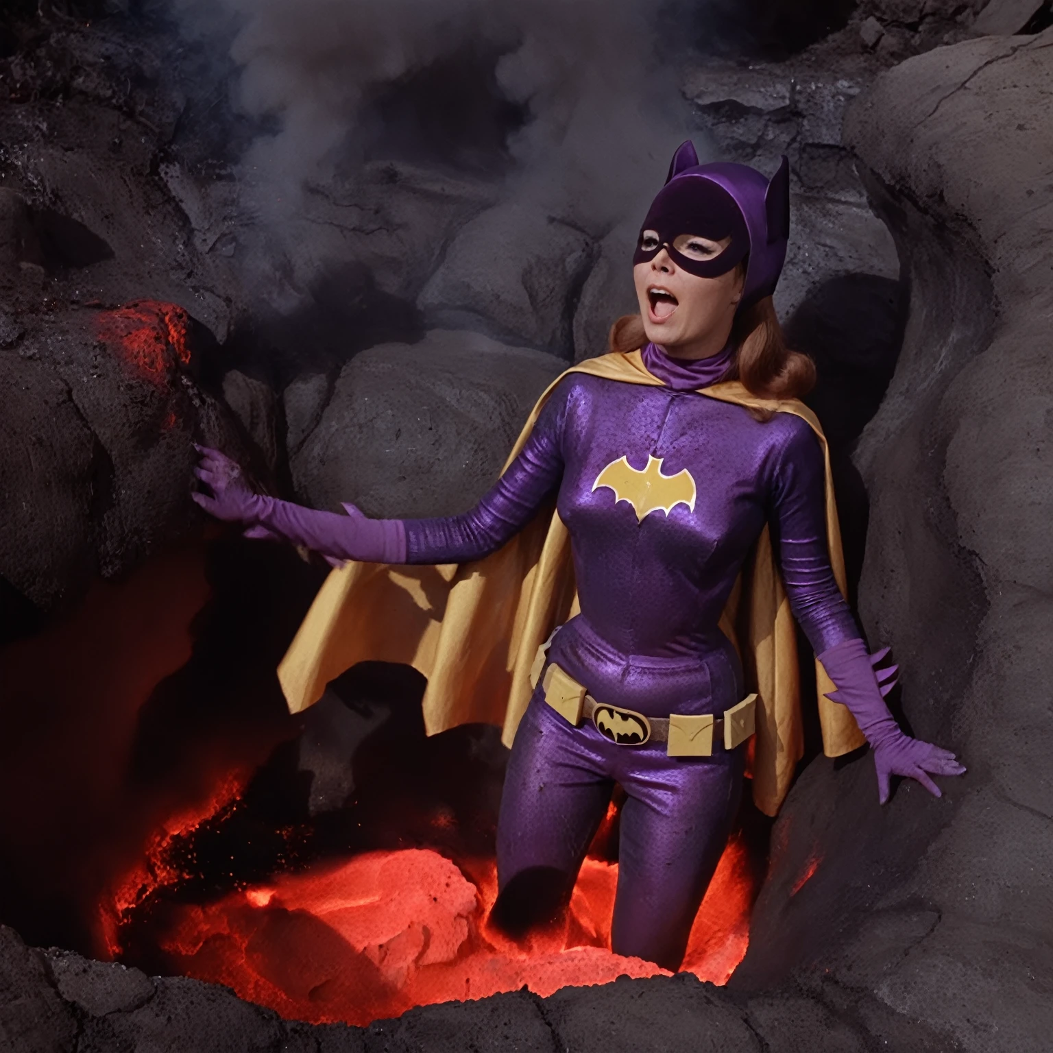 yvonne craig woman, sinking in a lava pit. She screams with her eyes wide open, she looks for help, extent her arm trying to grab something to escape, she moves desperate, but half of her body is already burning in the red glowing lava, smoke everywhere, she is in pain, "please help me" she screams , 60's style, analog film, film grain