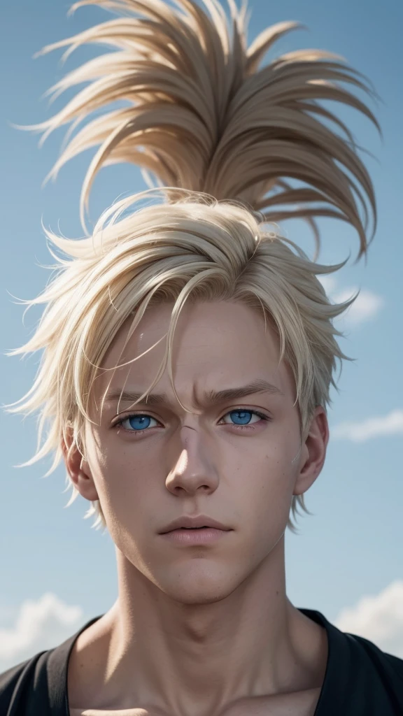 Create There is a boy with blond hair, blue colored eyes, Caucasian skin, which has the face of the character Toji from Jujutsu Kaisen.He has kind of messy hair. His hair is very full and also very messy..