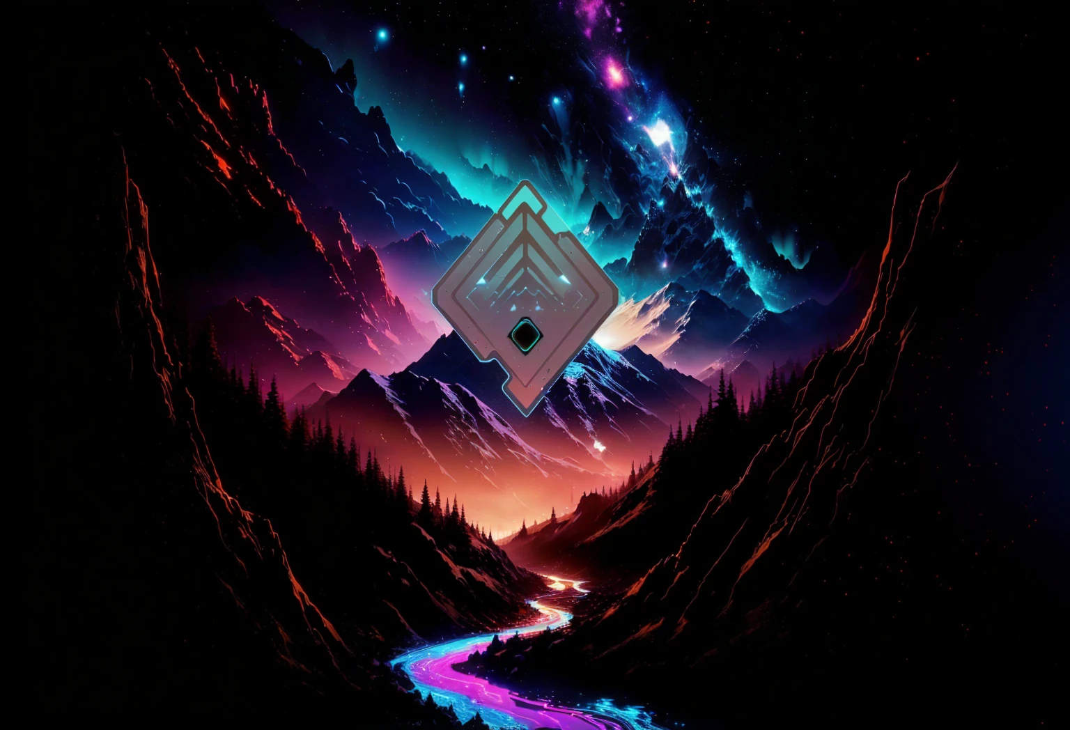 a close up of a mountain with a river in the middle, background artwork, beeple!!, beeple artwork, beeple masterpiece, style hybrid mix of beeple, beeple style, artgem and beeple masterpiece, beeple art, retrowave epic art, epic retrowave art, beeple and tim hildebrandt