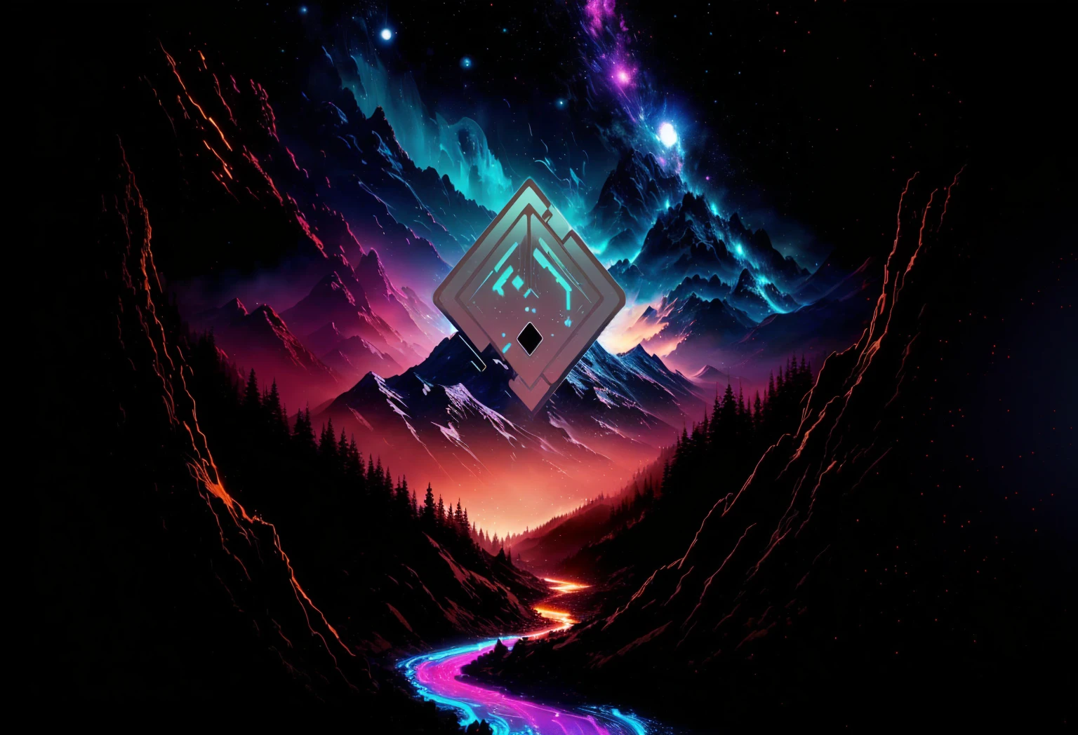 a close up of a mountain with a river in the middle, background artwork, beeple!!, beeple artwork, beeple masterpiece, style hybrid mix of beeple, beeple style, artgem and beeple masterpiece, beeple art, retrowave epic art, epic retrowave art, beeple and tim hildebrandt