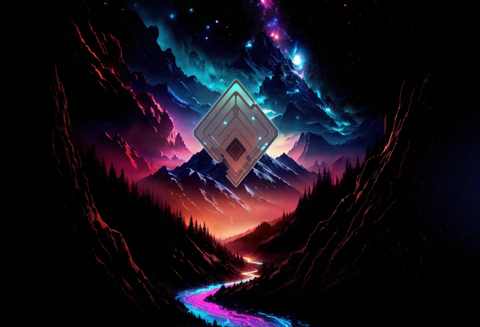 a close up of a mountain with a river in the middle, background artwork, beeple!!, beeple artwork, beeple masterpiece, style hybrid mix of beeple, beeple style, artgem and beeple masterpiece, beeple art, retrowave epic art, epic retrowave art, beeple and tim hildebrandt