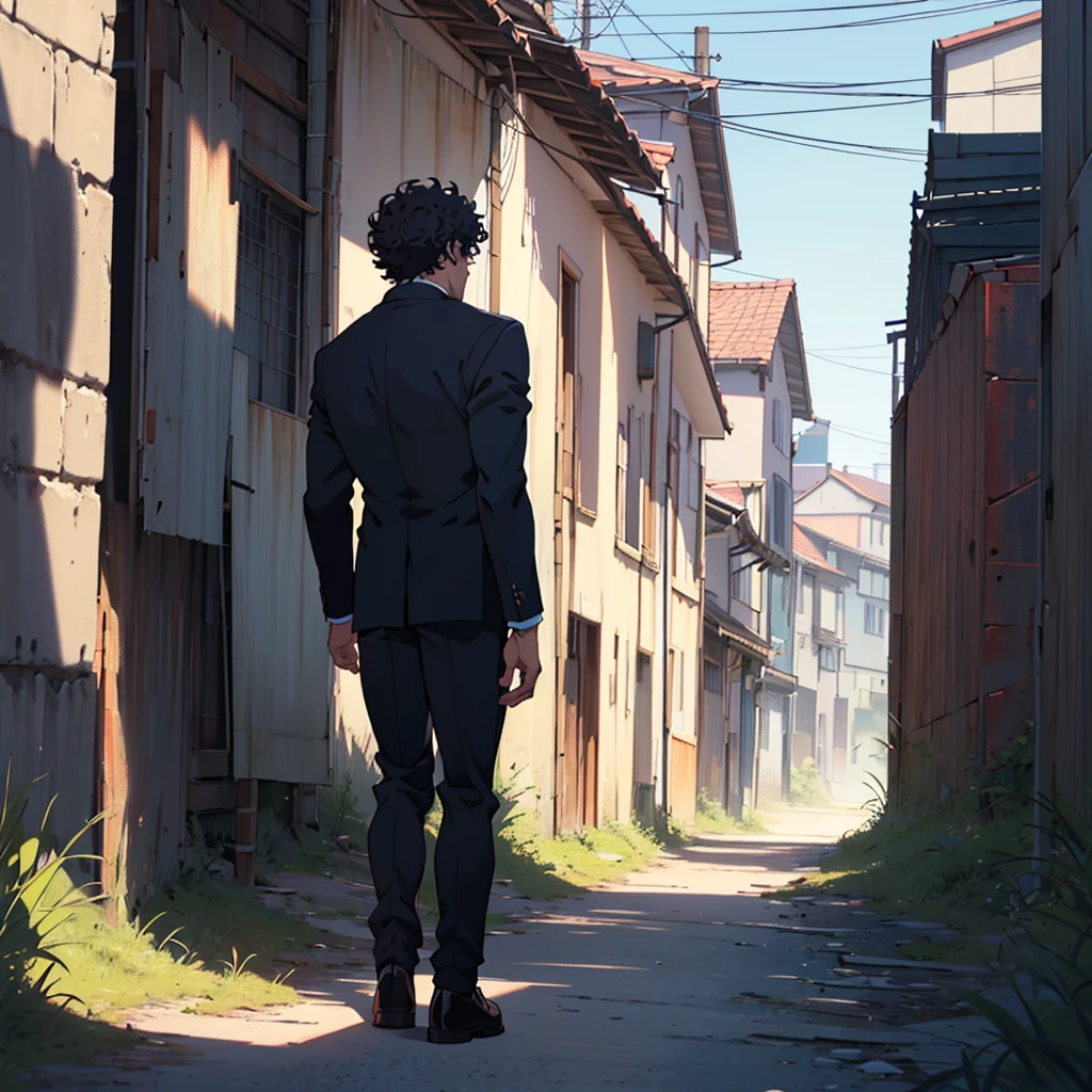 ((best qualityer)), (detailded), (アニメ), (realisitic),1 white man with dark curly hair wearing a suit alone in a landscape from behind