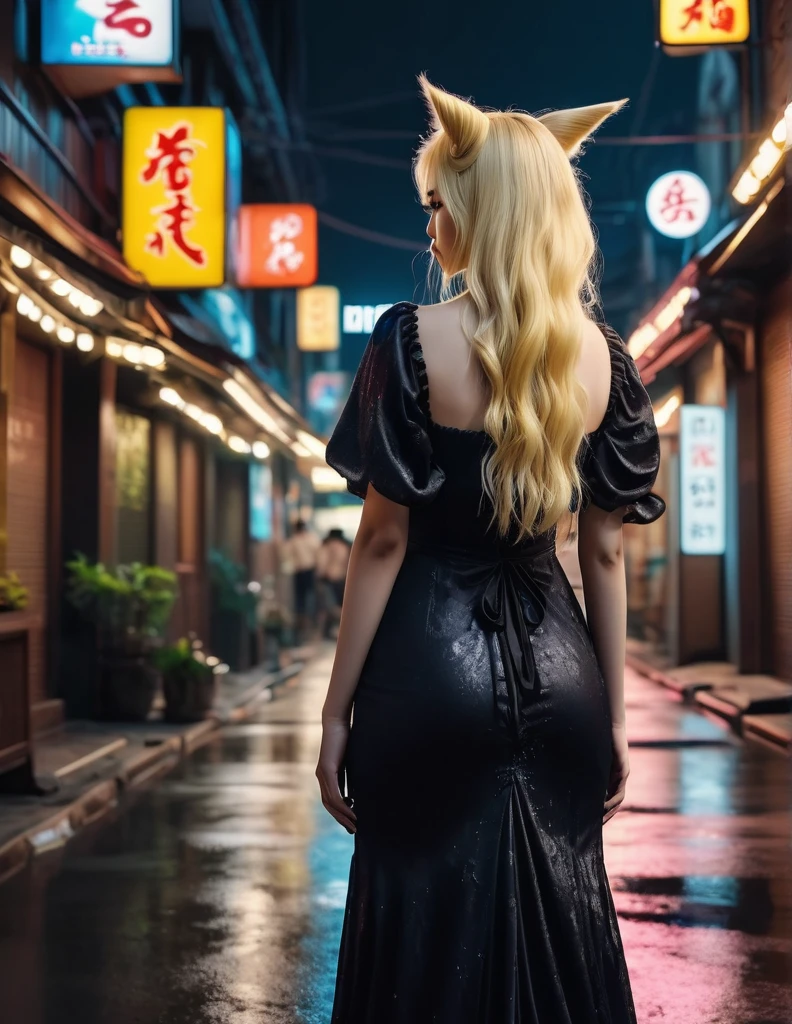 quality(8k wallpaper of extremely detailed CG unit, ​masterpiece, hight resolution, top-quality, top-quality real texture skin,hyper realisitic, digitial painting,increase the resolution,RAW photos，best qualtiy,highly detailed,the wallpaper),BREAK,8K, Kuromi in black messy and long dress , darkfantasy, standing in middle of city , shot from back, long messy light yellow hair, night, horror scene, horror movie, horror mood