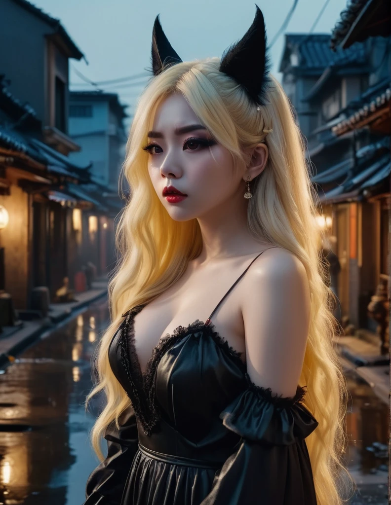 quality(8k wallpaper of extremely detailed CG unit, masterpiece, hight resolution, top-quality, top-quality real texture skin,hyper realisitic, digitial painting,increase the resolution,RAW photos,best qualtiy,highly detailed,the wallpaper),BREAK,8K, Kuromi in black messy and long dress , darkfantasy, standing in middle of city , shot from back, long messy light yellow hair, night, horror scene, horror movie, horror mood