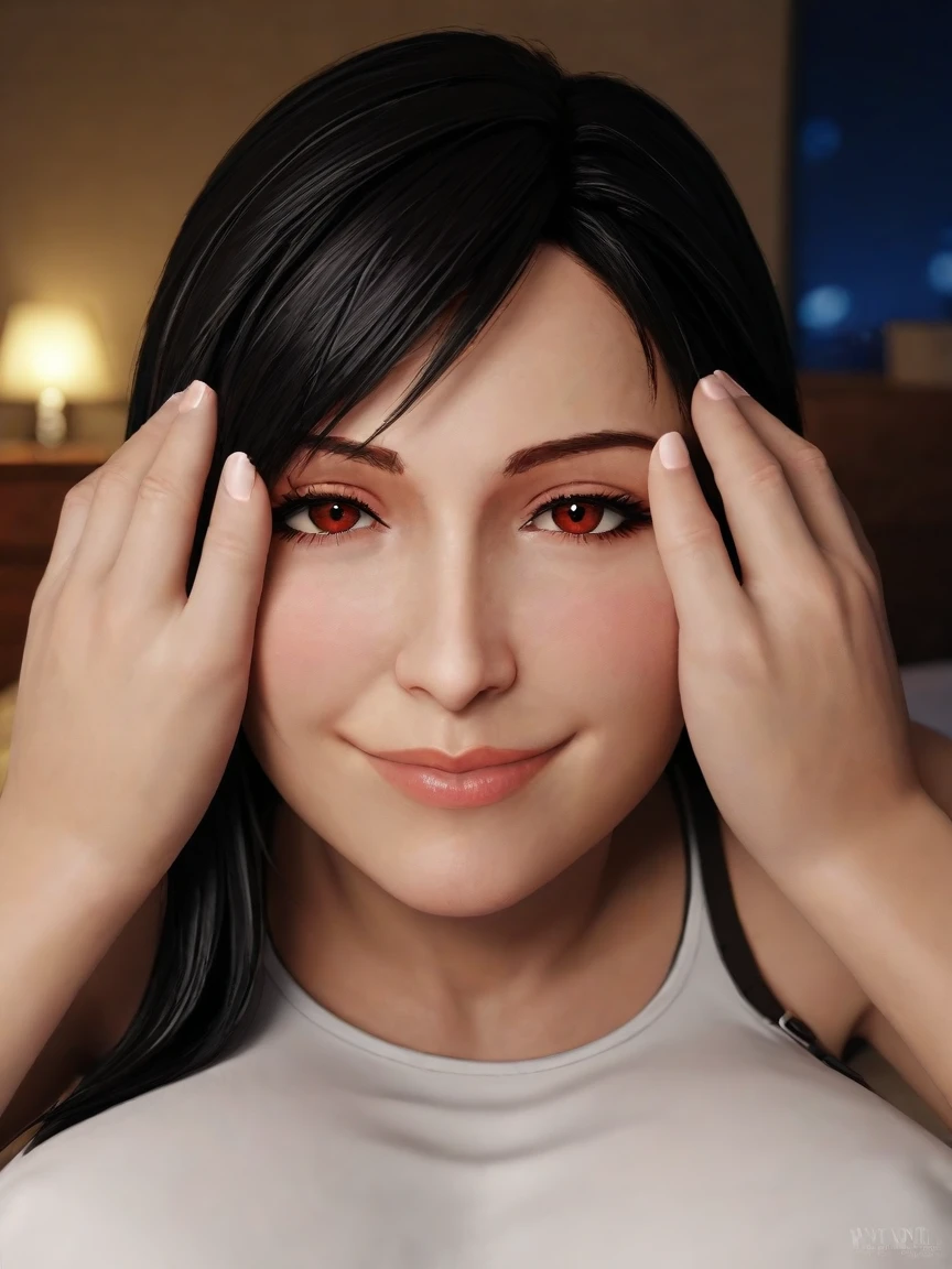 score_9_up, score_8_up, score_7_up, source_3d, blender 3d, detailed 3d, nsfw, detailed body, five fingers, good fingers, Tifa, black hair, long hair, red eyes, Tifa outfit, looking at viewer, pov, realistic, solo focus, on stomach, hands on face, soft smile, closed eyes, face focus, close up, solo focus, background bedroom, (at night, dark, blurry background), (realistic, cinematic, high quality, photorealistic, best quality, ultra detailed)