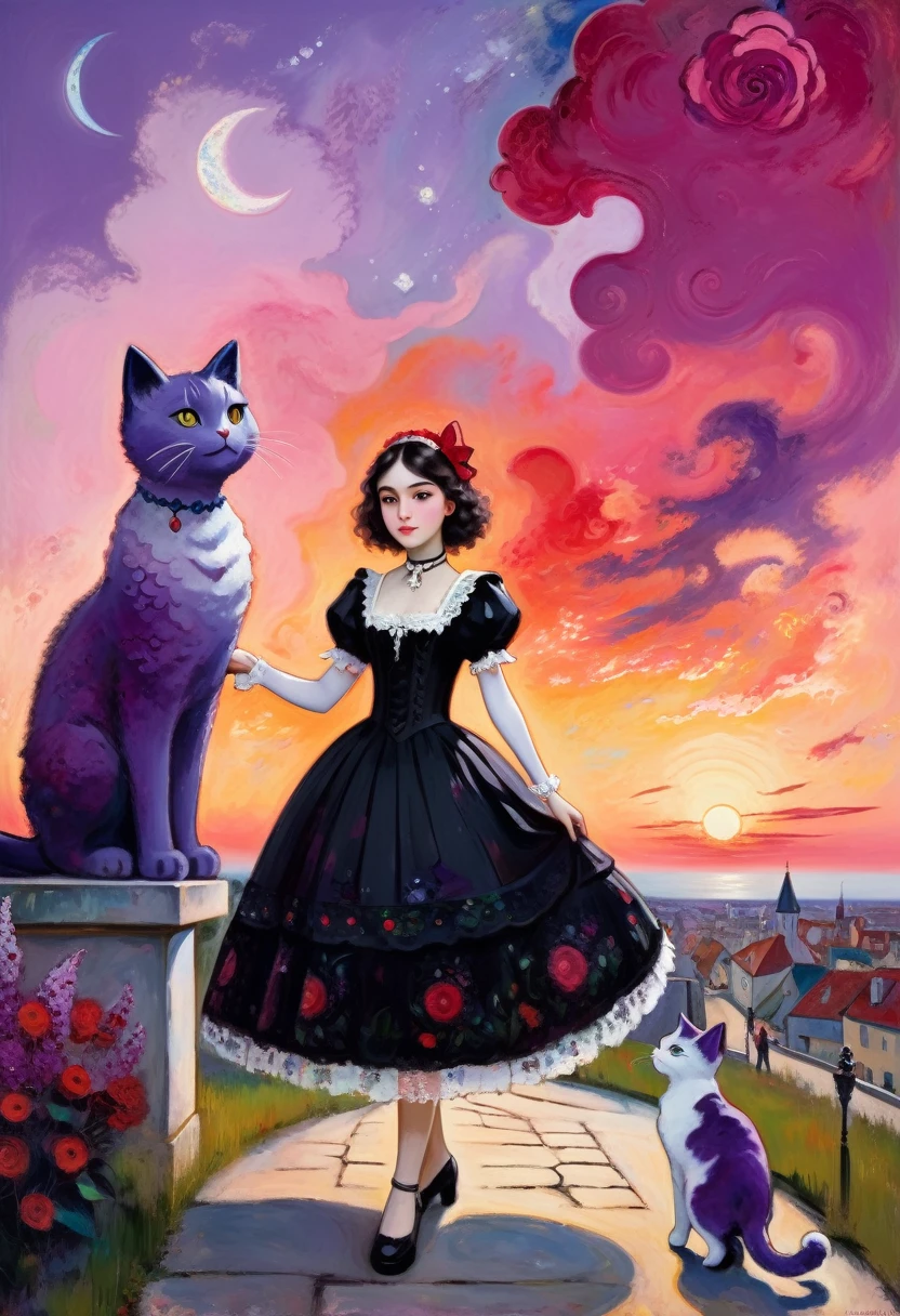(Girl and giant red cat) Baroque, Gothic lolita, cute, 1 girl, solo, full body, black dress, absurdity, white lace, ((Marc Chagall style)), magical naive art, primitivism, protogen,((Better quality, masterpiece)),
(Higher detail), Impressionism: 1.1, 8k