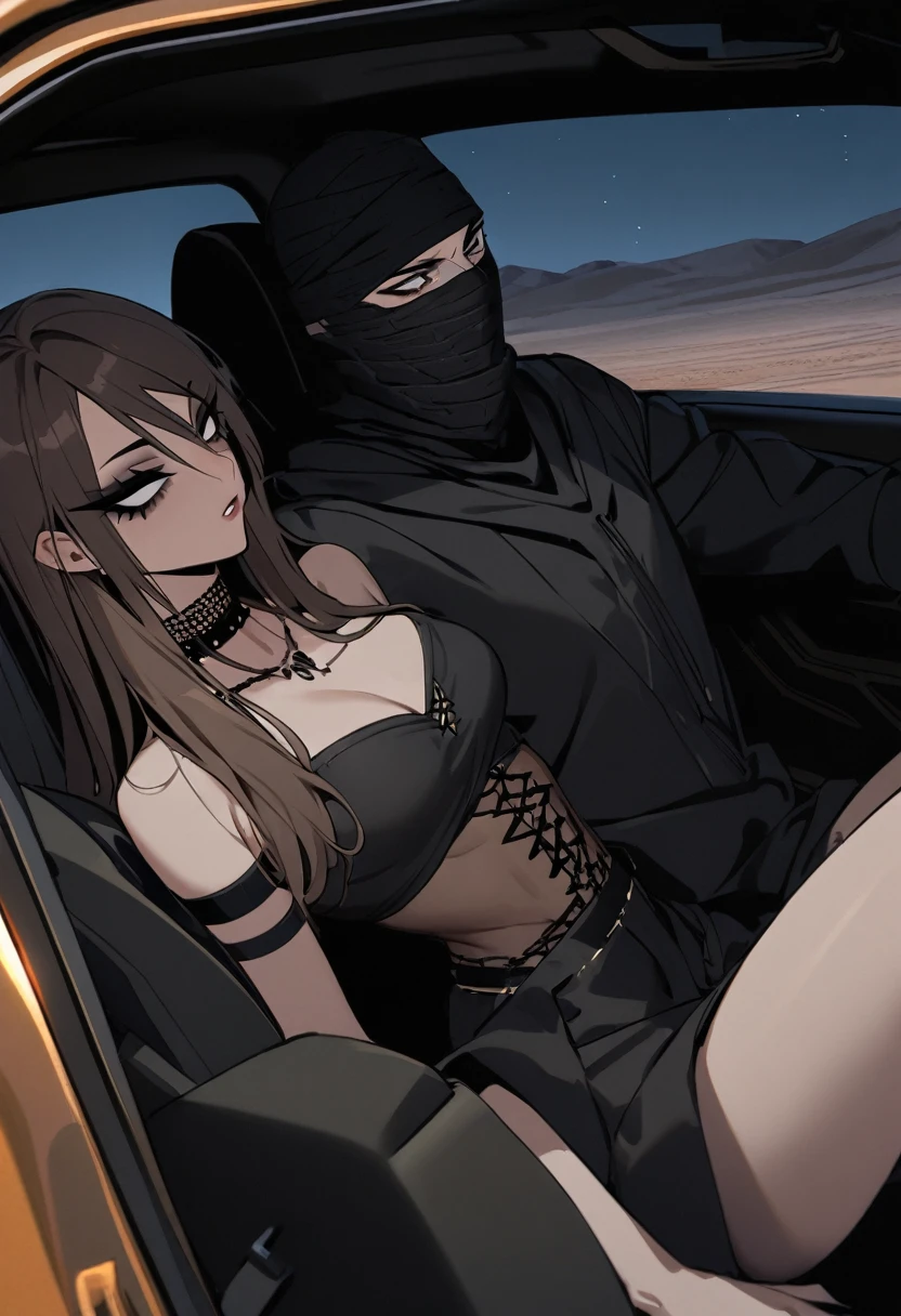 Male arab modern terrorist, terrorist, black balaclava, black bandage, white eyes, black clothes, thin waist, femboy, light skin, makeup, black eyeliner, big eyelashes, black eyeshadow, choker, inside the car, desert, night, duo, 1girl, brown long hair girl, girl without a mask, makeup