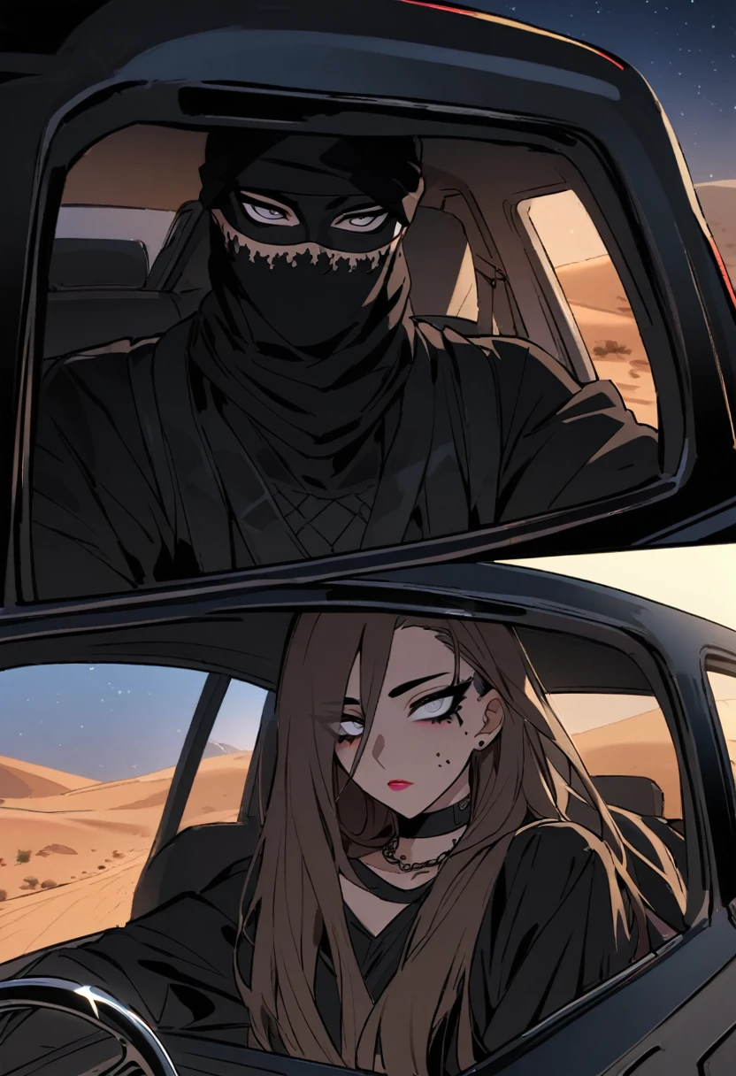 Male arab modern terrorist, terrorist, black balaclava, black bandage, white  eyes, black clothes, thin waist, femboy, light skin, makeup, black eyeliner, big eyelashes, black eyeshadow, choker, inside the car, desert, night, duo, 1girl, brown long hair girl, girl without a mask, makeup