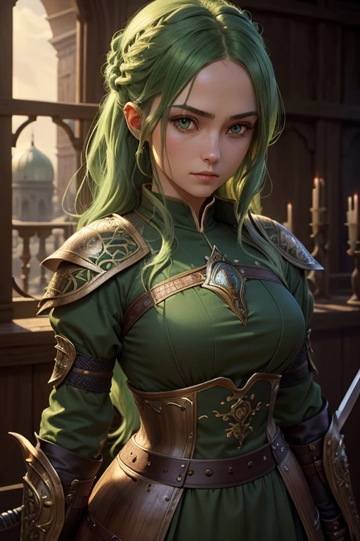 1girl, green hair, amber eyes, modest clothing, swordsman, weaponsmith, medieval fantasy, high detailed face, detailed clothing, ornate armor, intricate weapon design, warm lighting, cinematic composition, photorealistic, 8k, hyperdetailed, masterpiece