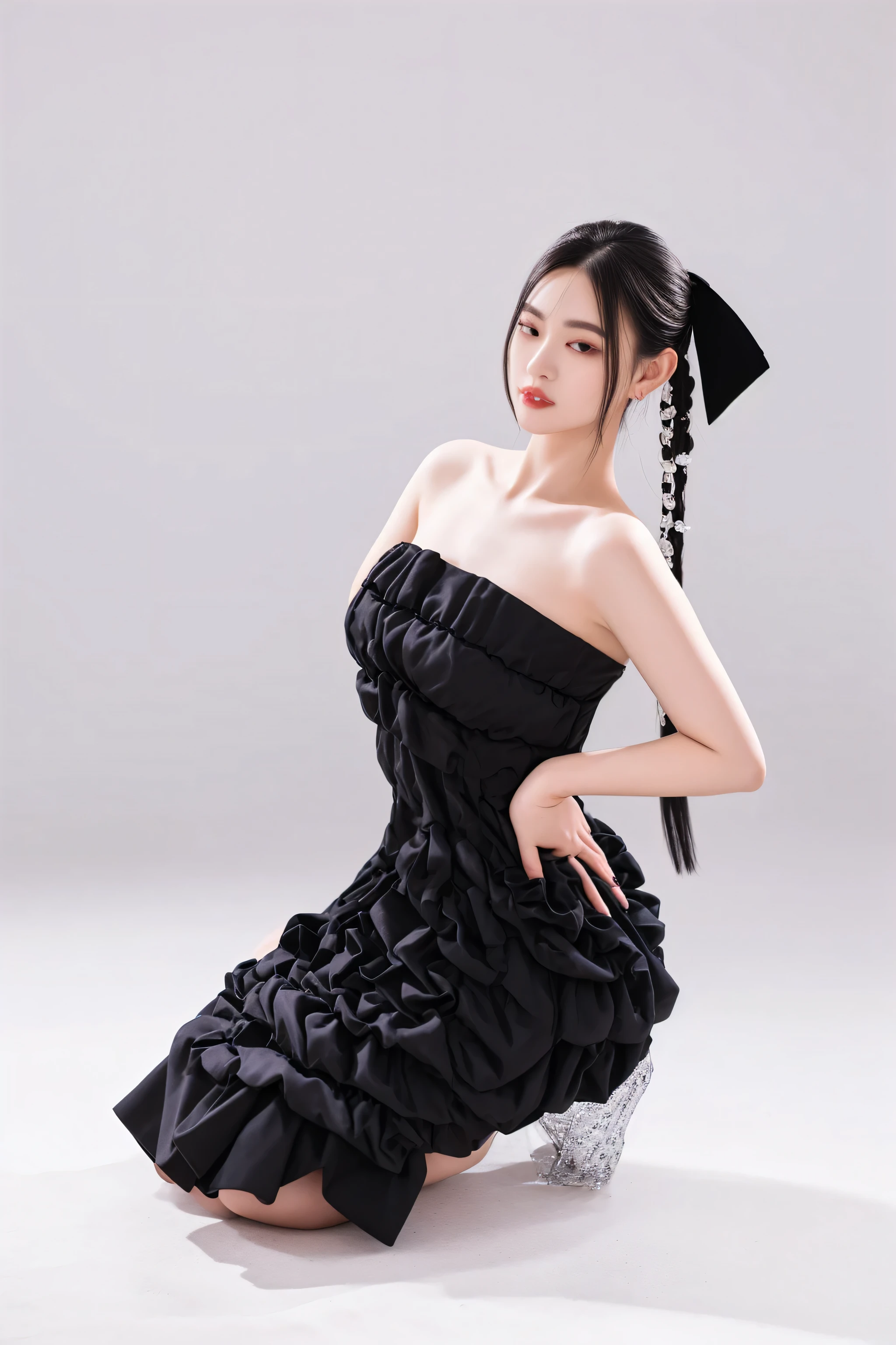 araffe woman in a black dress sitting on the ground, full body xianxia, she is wearing a black dress, black gown, an elegant woman in black dress, cheongsam, dilraba dilmurat, 155 cm tall, 165 cm tall, xintong chen, tube-top dress, gown, sha xi