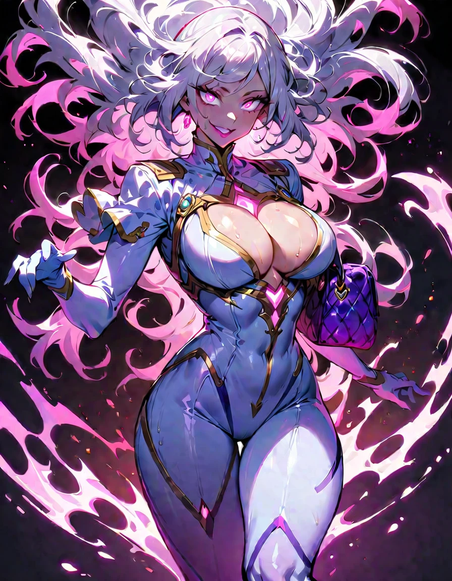 1 mature woman,(Highest quality,Extremely detailed depiction,Incredibly absurd high resolution,Anatomically accurate depiction,Perfect body,Two curvaceous legs),(female sentai heroine),(White and pink bodysuit),eyelash,eye shadow,eyeliner,mascara,(Flashy makeup,Intensely glowing purple eyes,(Crazy Eyes),Glossy Lips,Purse your lips,blush,Evil smile,There is cleavage in the chest,whole body),Sweat,Seductive gestures,background:In the dark base