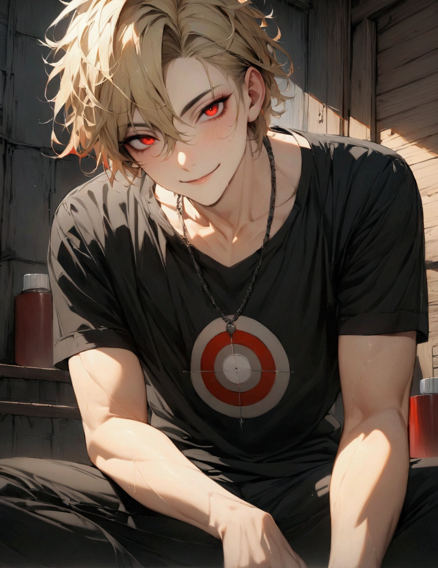 (masterpiece:1.3),(Highest quality:1.4),(Very detailedな:1.5),High resolution,Very detailed,8k,artwork,High level of detail,rendering,High quality,Wide range of colors,One boy,good looking,18-year-old,Sniper arrested,Sitting, smile, Get your gun ready?,Target your audience,Target your audience,,Perfect Face, High quality face, Very detailed face, short hair, blonde, Messy Hair, Red eyes Red eyes,vampire, black t-shirts,black t-shirts,Plain T-shirt,Short sleeve T-shirt, Black trousers, necklace,Very detailed, Ultra HD