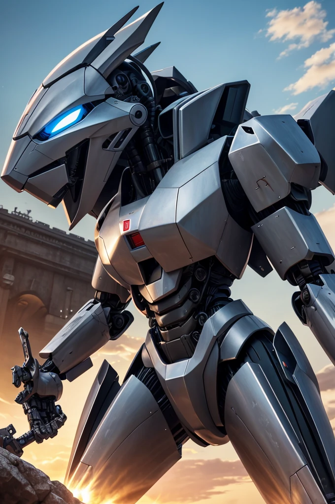 Close-up of a robot-like figure holding a sword., Detailed digital anime art, Highly detailed 4k digital art., Best konachan anime wallpaper 4k, anime badass 8 k, 4K detailed digital art, Female dragon head mecha robot, 4K anime style, High quality 8K detailed artwork., Mecha Art, Anime robot mixed with organic