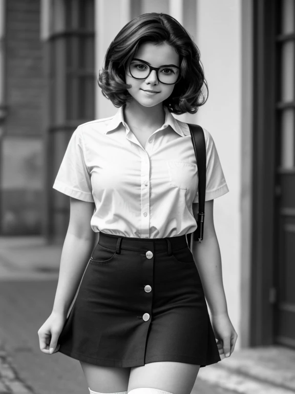 ((Monochrome Photography)), (black and white image), masterpiece, photo paper effect, Film grain, (((raw monochrome photo of a Soviet student in the style of the 80s))), filmed "Svema" SLR camera "Zenit-3", Humanity, photo of a charming chubby Russian student 18 years old with aesthetic soft small natural breasts with large beautiful pale pink erect nipples, very beautiful round young face(focus on perfect angelic face), round cheeks, round chin, beautiful proportional small wide nose, Realistic expressive dark brown eyes, long eyelashes, open friendly look, glasses with lenses, plump sensual lips, Mysterious Half-Smile, realistic very tousled dark brown tousled short hair, short tousled tousled hair(80s rocker-style hairstyle), whole body, short stature, Teenage Physique, short torso, Narrow hips, narrow pelvis, beautiful hands and feet with graceful fingers, separated thighs, shameless carefree behavior, Stylish, elegant, loose-fitting, untucked button-down shirt, black miniskirt, striped oversized knee socks, Converse sneakers, (I don't wear a bra because I don't want to, I don't wear panties because I don't want to), realistic atmosphere of the USSR 80s, Portrait-Medium shot, whole body, free pose, sit on a park bench, open legs, crotch showing, ventilate pussy, sunny day, natural natural light, everyday interaction with people around you, daylight, realistic human skin textures, Realistic clothing textures, realistic background textures, realistic Leningrad 80s on the background, realistic glasses with distorting lenses, reflections of sunlight on glasses lenses,