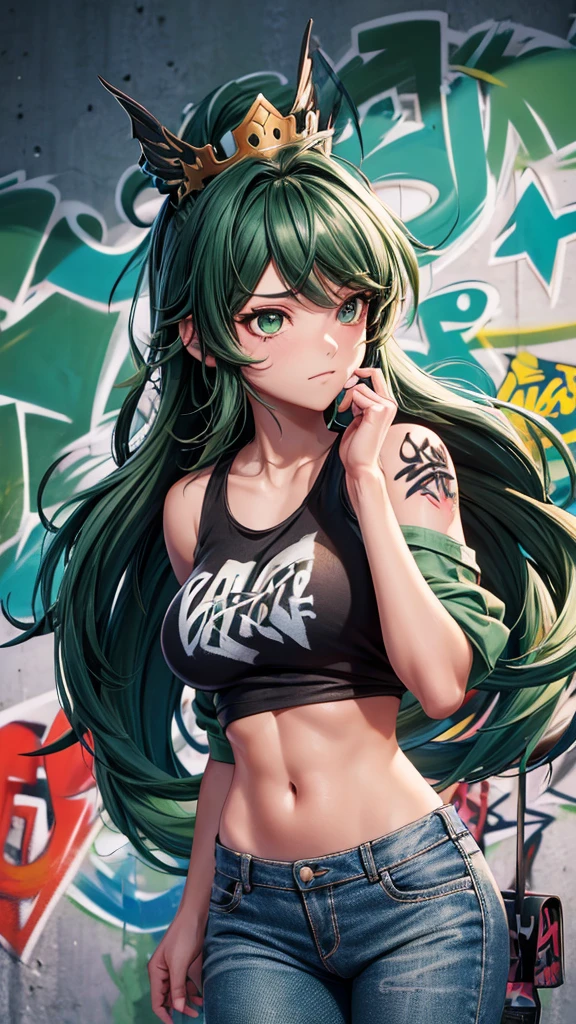 ((small breasts, tomboy girls, small head)), daylight, sunlight, (chiseled abs: 0.7), (perfect body: 1.1), (short wavy hair: 1.2), green hair, collar, chain, full body shot, crowded street, in black tank top, denim jacket, ((shorts)), (extremely detailed CG 8k wallpaper), (extremely delicate and beautiful), (masterpiece), (best quality: 1.0), (ultra-high resolution: 1.0), beautiful lighting, perfect lighting, realistic shadows,  [High Resolution], Detailed Skin, Super Detail, Erotica