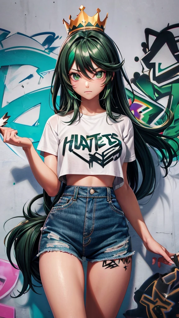 (cowboy shot), (Best Quality, ultra high resolution, depth of field:1.2), (anime style),
adult, 1 woman, toned body, medium breasts, Wide hips, Alone, black hair with two green strands , striped hair, Long hair, hits, black and green crop top,with a crown,and white wings on the back, denim shorts, (Graffiti:1.4), paint stained clothes, Curved, against the wall, looking at the viewer, upturned eyes, nod, bored, hands relaxed at sides.