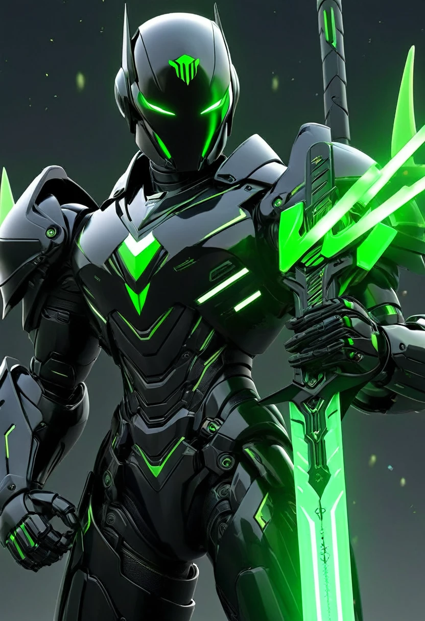 1man. male, solo, wearing black tech armor black and Green, holding glowing tech weapon infront of him, holding glowing tech sword, robot wings, simple glowing background , HD, masterpiece, best quality, hyper detailed, ultra detailed,