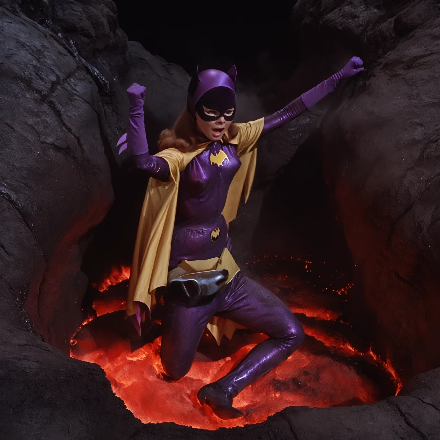 yvonne craig woman, sinking in a lava pit. She screams with her eyes wide open, she looks for help, extent her arm trying to grab something to escape, she moves desperate, but half of her body is already burning in the red glowing lava, smoke everywhere, she is in pain, "please help me" she screams , 60's style, analog film, film grain