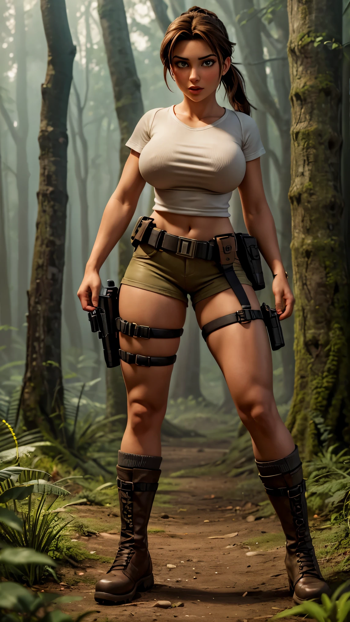 8k, ultra HD, super details, high qualiy, high resolution. lara Croft looks beautiful in full body photo, her body is sculptural. Her black hair is tied in a ponytail, a perfect match for her full lips., your shining eyes hypnotize everyone. She's wearing a white T-shirt, adjusted to the body, which allows freedom of movement, shortinho cor khaki, with side pockets that are practical for storing items, black combat boots, robust and suitable for difficult terrain, a utility belt, often adorned with climbing equipment and archeology tools, Lara is also often seen with a pair of pistols in holsters on her waist., reflecting his fearless character and combat skills. She is very sexy, drawing attention to her big breasts and thick legs. She is in a dark forest in the fog