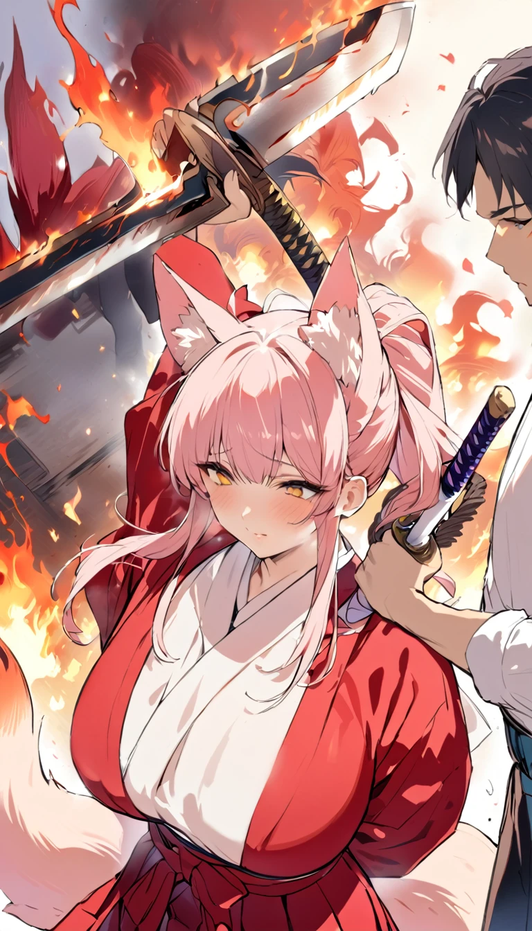 Red long ponytail、Fox ears and nine fox tails of the same color as her hair、A sword with a burning blade、A man wearing a red jacket and hakama、Very large bust、flames、Older sister、Masterpiece、8k