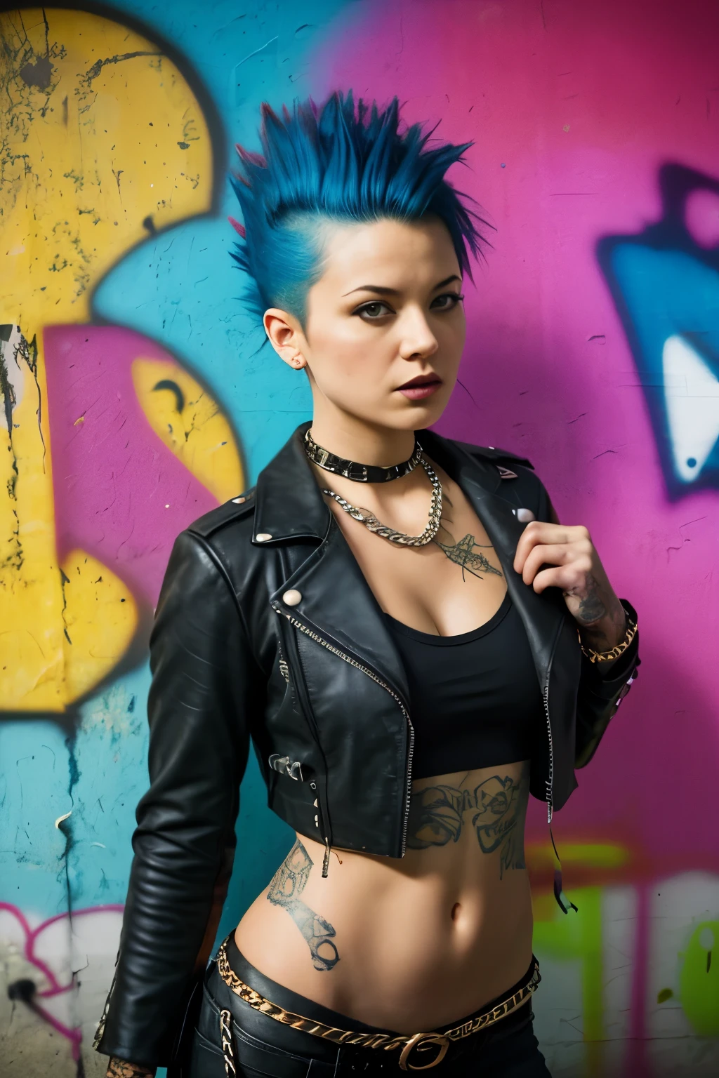 (work of art, best qualityer:1.2), 1 girl ,intrincately detailed, "Punk Girl", in dynamic pose, ((spike mohawk hair, punk hair, wearing a black jacket, chains, Rocket style, tattooed , (((hot Body))) , abs)) . Shallow depth of field, vignette, highy detailed, high budget, bokeh, cinemascope, temperamental, epic, marvelous, film grain, grainy. ((Abandoned grafitti wall background)).
