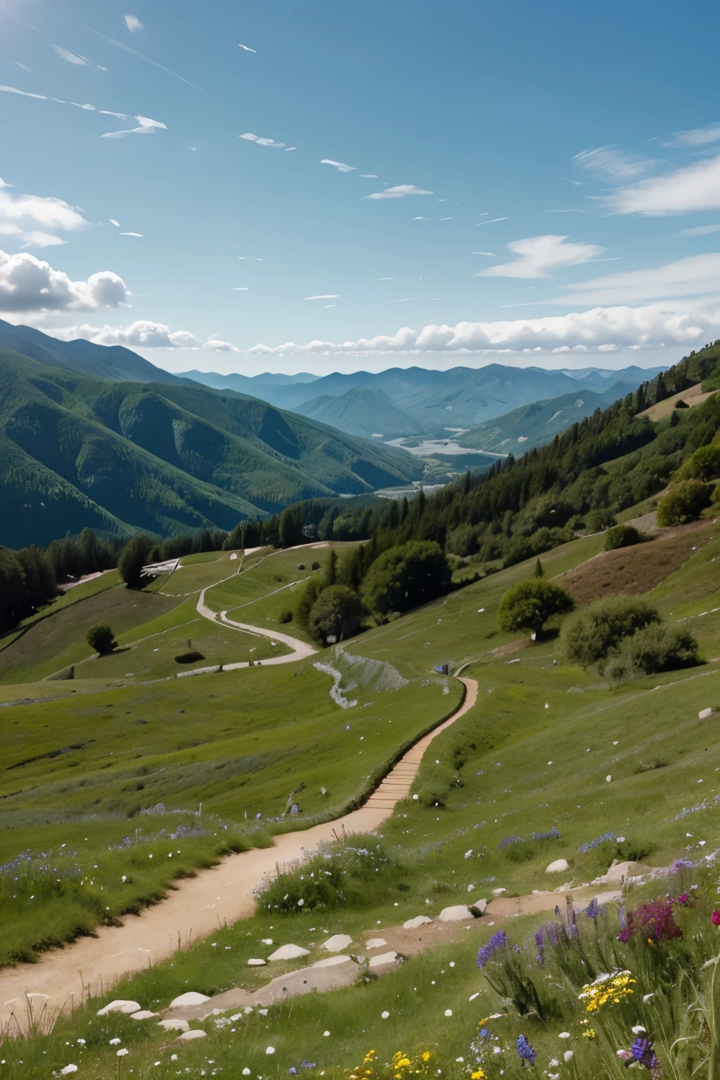 Create a high-quality wallpaper image featuring a lush, green mountain landscape with rolling hills covered in vibrant wildflowers. The sky above is a brilliant blue with fluffy white clouds scattered across. In the foreground, include a winding path leading into the distance. Overlay the following quote in an elegant, serif font:

"The best view comes after the hardest climb."

Use a soft, complementary color for the text, such as a gentle green or sky blue, to blend with the natural colors of the landscape. Position the quote prominently but naturally within the scene, ensuring it enhances the overall theme of perseverance and reward. The image should evoke a sense of accomplishment and tranquility, blending the scenic mountain setting with the motivational message.