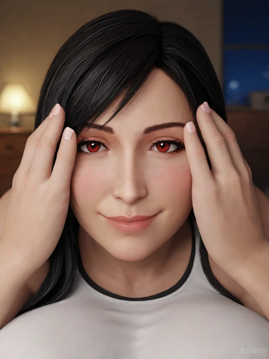 score_9_up, score_8_up, score_7_up, source_3d, blender 3d, detailed 3d, nsfw, detailed body, five fingers, good fingers, Tifa, black hair, long hair, red eyes, Tifa outfit, looking at viewer, pov, realistic, solo focus, on stomach, hands on face, soft smile, closed eyes, face focus, close up, solo focus, background bedroom, (at night, dark, blurry background), (realistic, cinematic, high quality, photorealistic, best quality, ultra detailed)