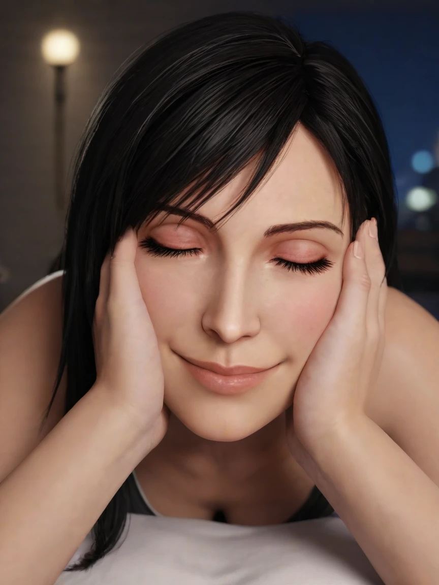score_9_up, score_8_up, score_7_up, source_3d, blender 3d, detailed 3d, nsfw, detailed body, five fingers, good fingers, Tifa, black hair, long hair, red eyes, Tifa outfit, looking at viewer, pov, realistic, solo focus, on stomach, hands on face, soft smile, closed eyes, face focus, close up, solo focus, background bedroom, (at night, dark, blurry background), (realistic, cinematic, high quality, photorealistic, best quality, ultra detailed)