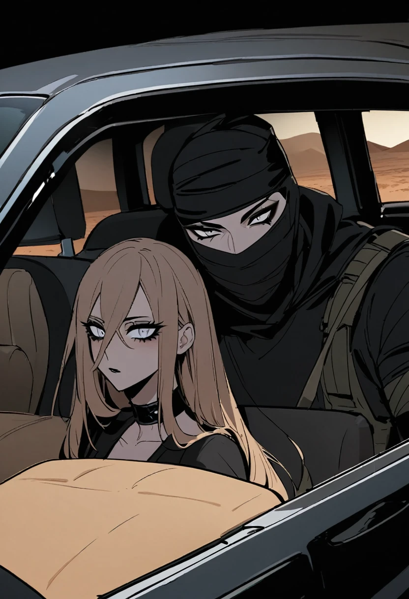 Male arab modern terrorist, terrorist, black balaclava, black bandage, white  eyes, black clothes, thin waist, femboy, light skin, makeup, black eyeliner, big eyelashes, black eyeshadow, choker, inside the car, desert, night, duo, 1girl, brown long hair girl, girl without a mask, makeup