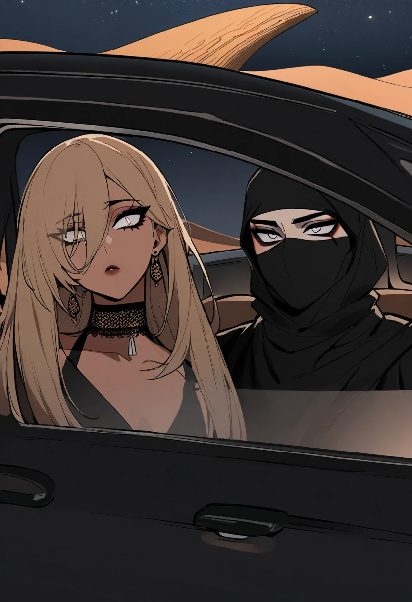 Male arab modern terrorist, terrorist, black balaclava, black bandage, white  eyes, black clothes, thin waist, femboy, light skin, makeup, black eyeliner, big eyelashes, black eyeshadow, choker, inside the car, desert, night, rain, hetero duo, 1girl, brown long hair girl, girl without a mask, makeup, penis, penis in her pussy, sex