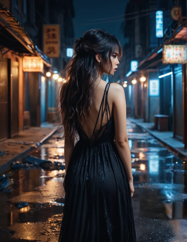 quality(8k wallpaper of extremely detailed CG unit, masterpiece, hight resolution, top-quality, top-quality real texture skin,hyper realisitic, digitial painting,increase the resolution,RAW photos,best qualtiy,highly detailed,the wallpaper),BREAK,8K, yuika in black messy and long dress , darkfantasy, standing in middle of city , shot from back, long messy hair, night, horror scene, horror movie, horror mood, dramatic lights
