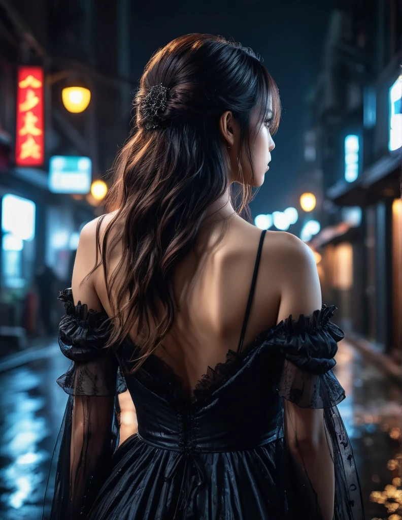 quality(8k wallpaper of extremely detailed CG unit, masterpiece, hight resolution, top-quality, top-quality real texture skin,hyper realisitic, digitial painting,increase the resolution,RAW photos,best qualtiy,highly detailed,the wallpaper),BREAK,8K, yuika in black messy and long dress , darkfantasy, standing in middle of city , shot from back, long messy hair, night, horror scene, horror movie, horror mood, dramatic lights