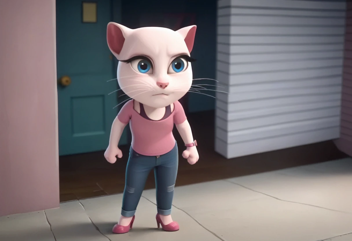 1 girl, cat, white fur, long whiskers on both sides of the face, large bright blue eyes, large black eyelashes, small pink nose, triangular ears with pink channels.     There are high heels.     1 woman wearing white jeans facing backwards.  subfocused view