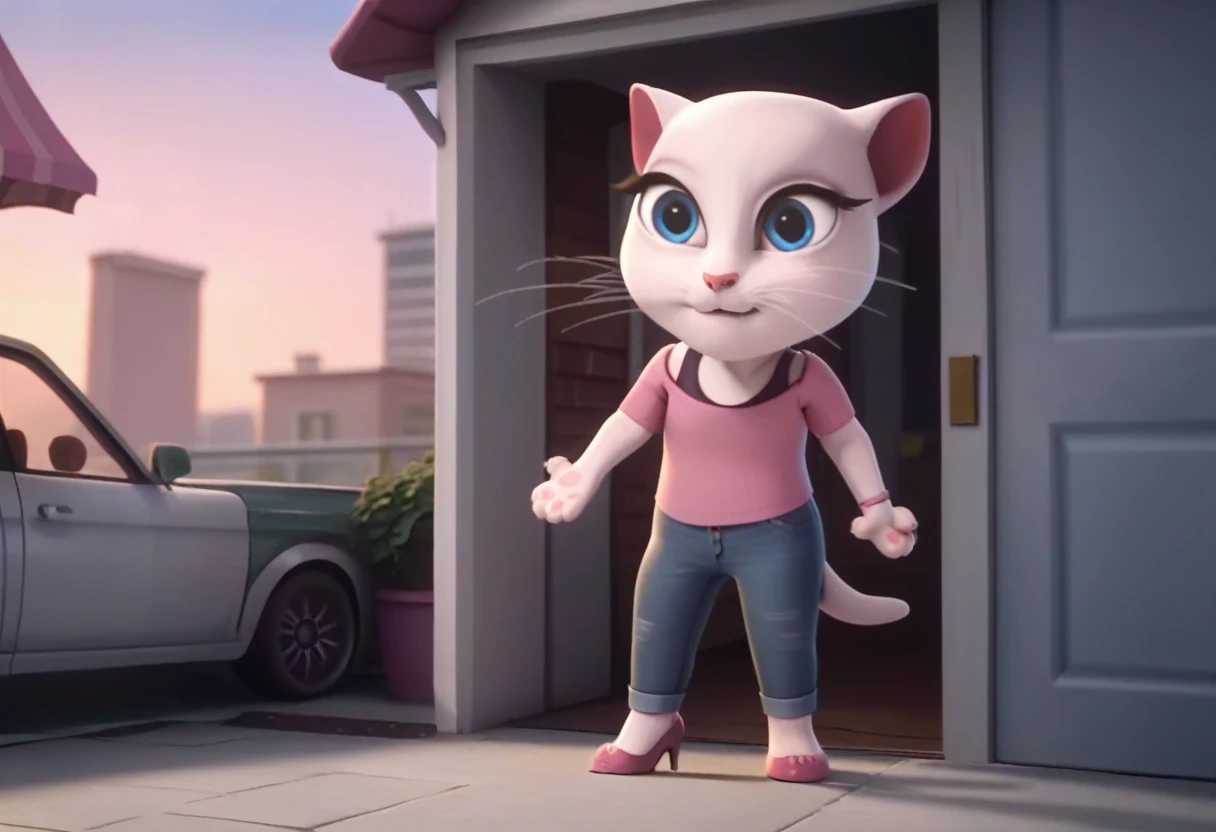 1 girl, cat, white fur, long whiskers on both sides of the face, large bright blue eyes, large black eyelashes, small pink nose, triangular ears with pink channels.     There are high heels.     1 woman wearing white jeans facing backwards.  subfocused view