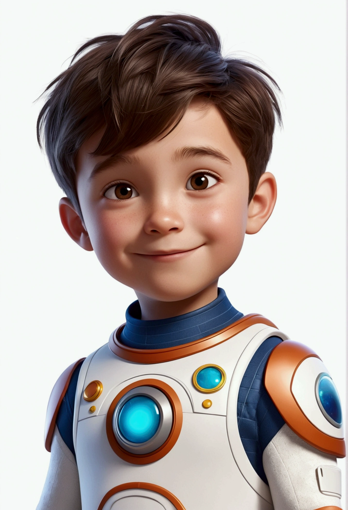 a happy and cute boy with short hair, wearing a space costume, , White background, the , tom, Pixar-style, ....3d, Cartoon s, face detailed, asymmetric 16k