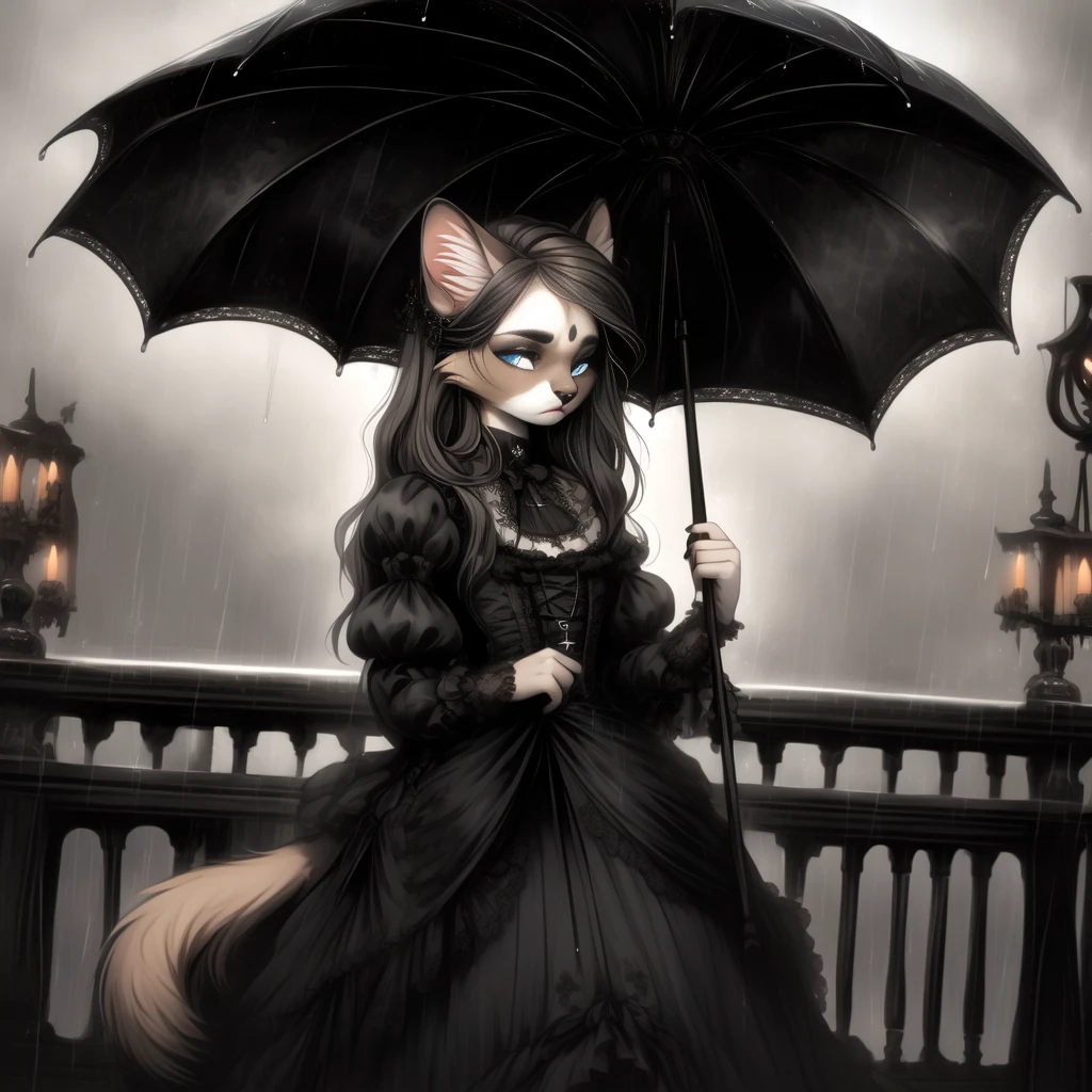anthropomorphic furry female Siamese cat, with long brown hair, blue eyes, cloudy weather, rain, rainy weather, autumn season, Victorian-goth, gothic, gothic-woman, gothic girl, stands Victorian style, Victorian Gothic, Victorian era, holds an umbrella in cookies, stands at the platform, sad look(detailed), looks at the departing train, watches the departing train, 32k, r34 ,yiff.
Artist: Wyla