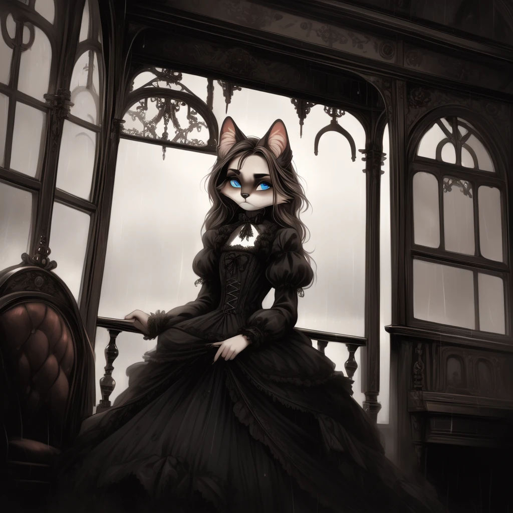 anthropomorphic furry female Siamese cat, with long brown hair, blue eyes, cloudy weather, rain, rainy weather, autumn season, Victorian-goth, gothic, gothic-woman, gothic girl, stands Victorian style, Victorian Gothic, Victorian era, holds an umbrella in cookies, stands at the platform, sad look(detailed), looks at the departing train, watches the departing train, 32k, r34 ,yiff.
Artist: Wyla