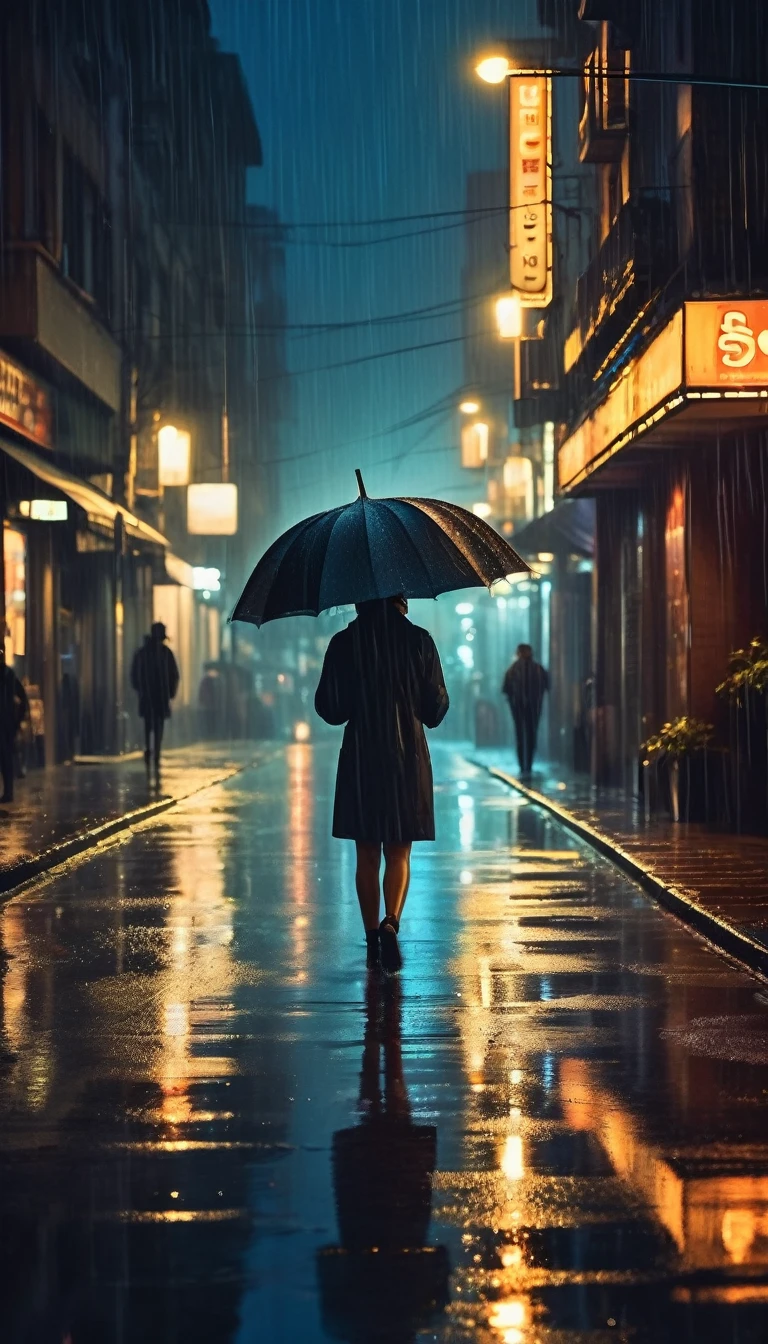 A man stands under a dripping umbrella on a dimly lit street,Raindrops glistening on the wet pavement,Warm light from street lamps,Reflection of a neon sign in a puddle,A man in a hurry with an umbrella々, The sound of raindrops hitting the umbrella, wet leaves scattered on the ground, hazy atmosphere, Silhouette of a girl highlighted by street lights, rainy urban landscape at night, cinematic and moody lighting, Dramatic contrast of light and dark, A sense of mystery and loneliness, Moist and shiny texture, Cool, desaturated color palette, impressionist art style e sonhador. (highest quallity, 4K, very detailled, realisitic:1.37), raining night, urban landscape, Cinema lighting, Wet texture, somber atmosphere, impressionist art style